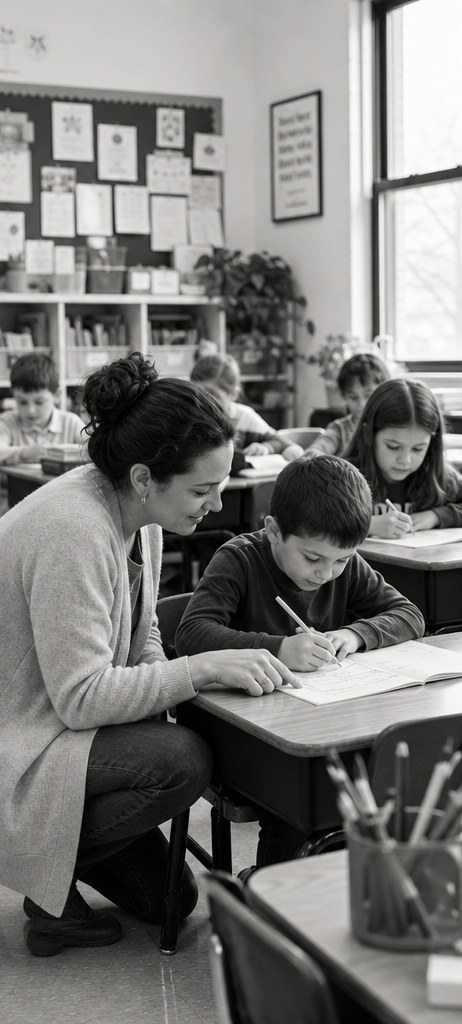 Teacher helping a student in an elementary classroom