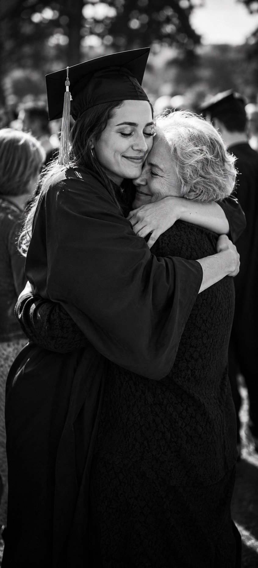 A graduate in cap and gown embracing a proud grandmother after the ceremony