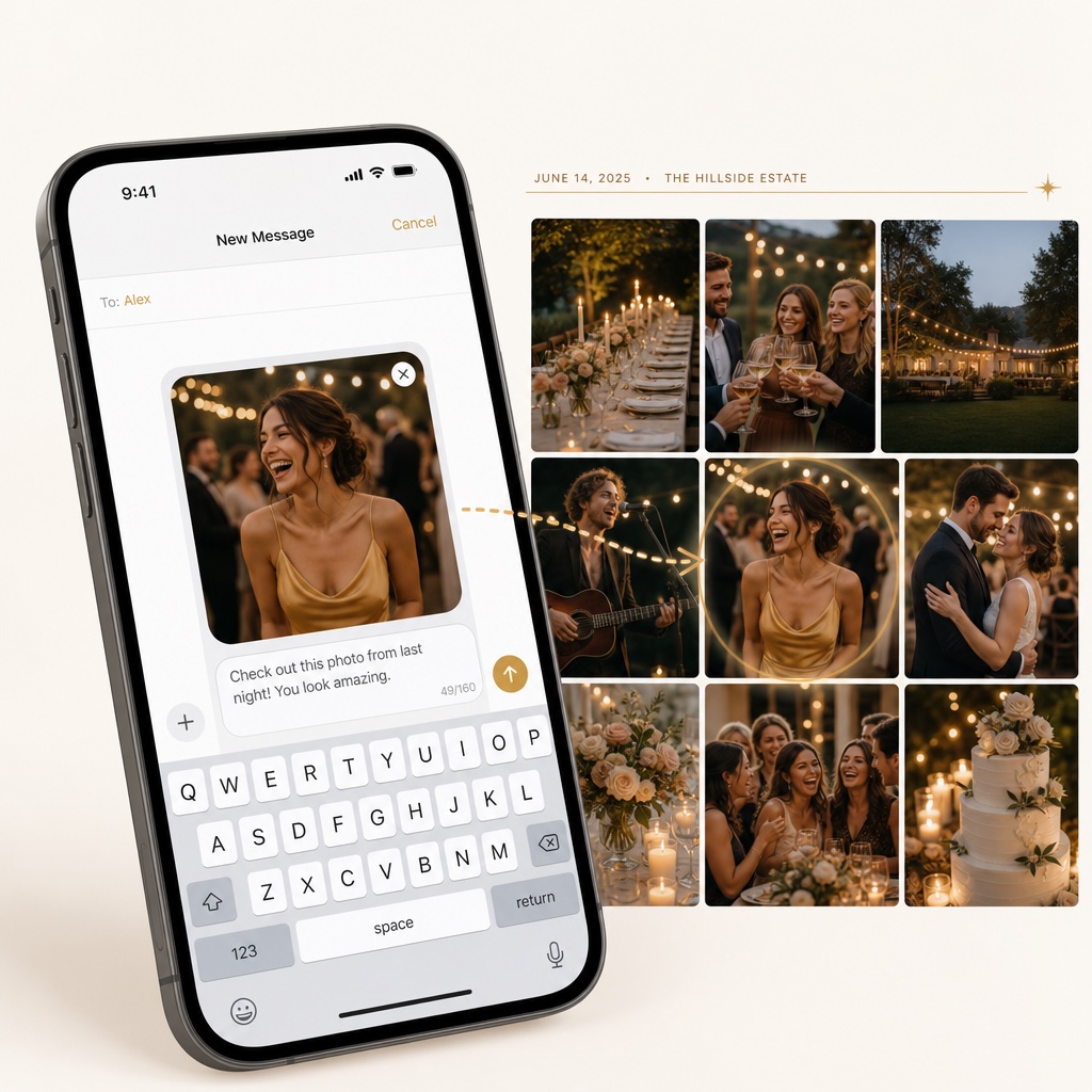 Guest texting a photo to QuickShare Photos, with photos appearing in the gallery grid alongside