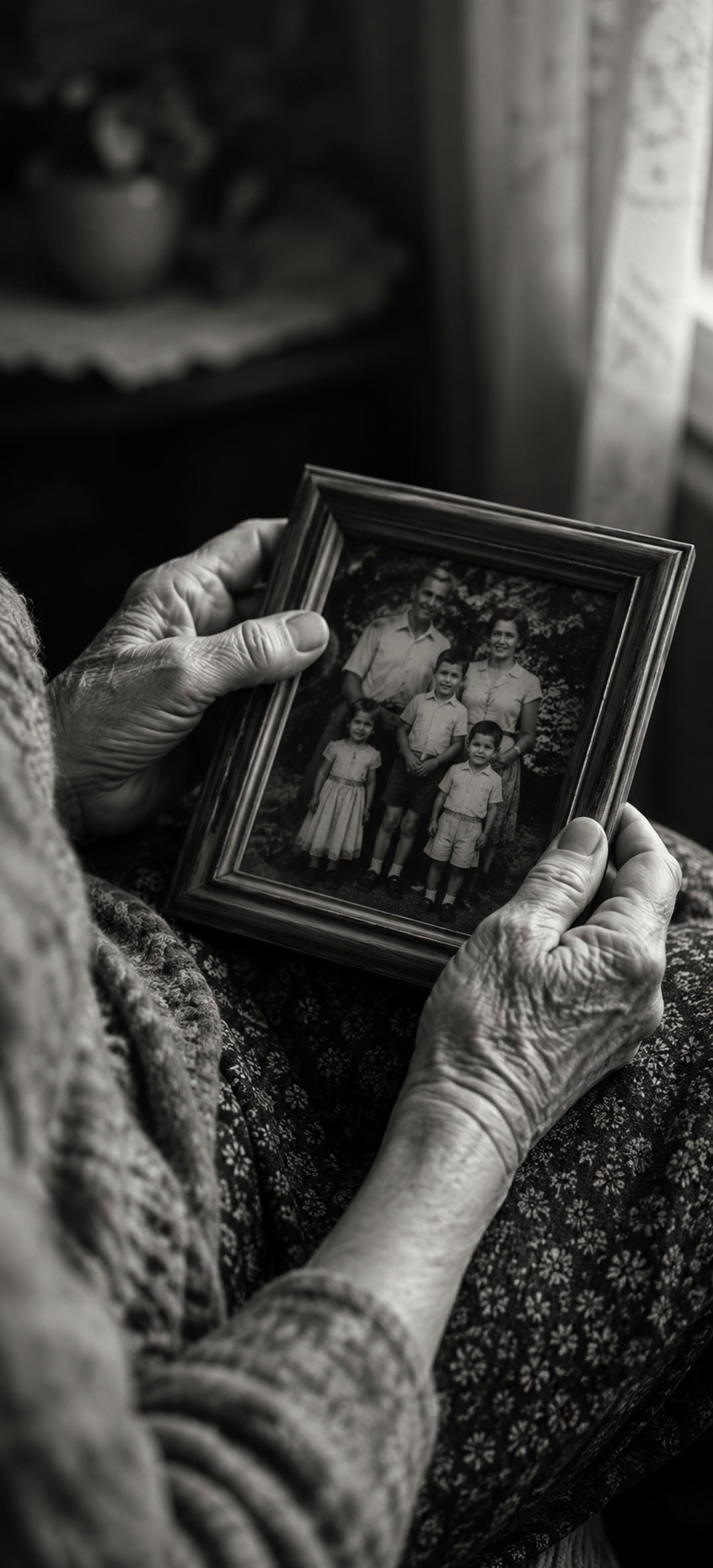 Elderly hands holding a framed family photograph