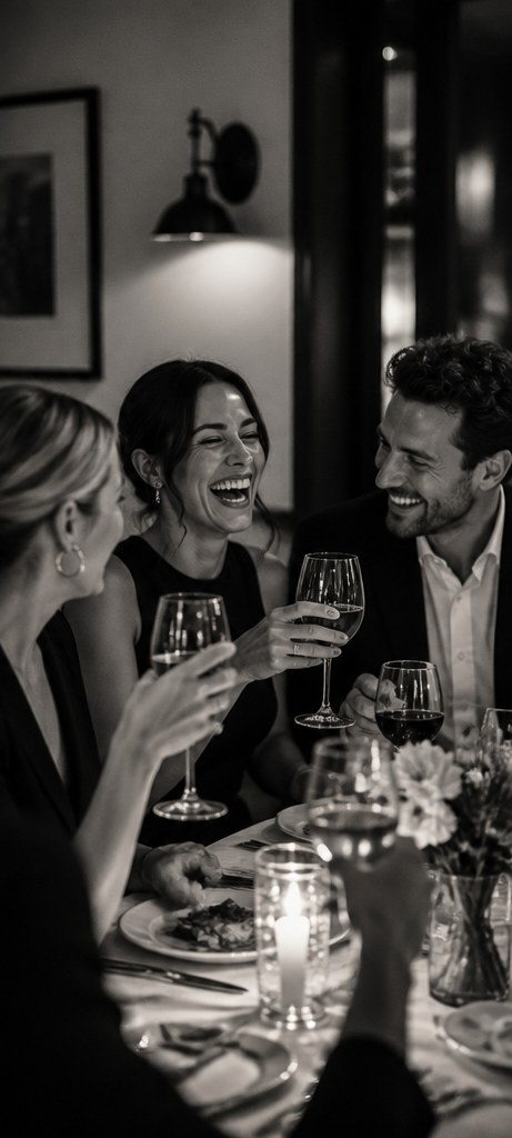Adults at a candlelit dinner party