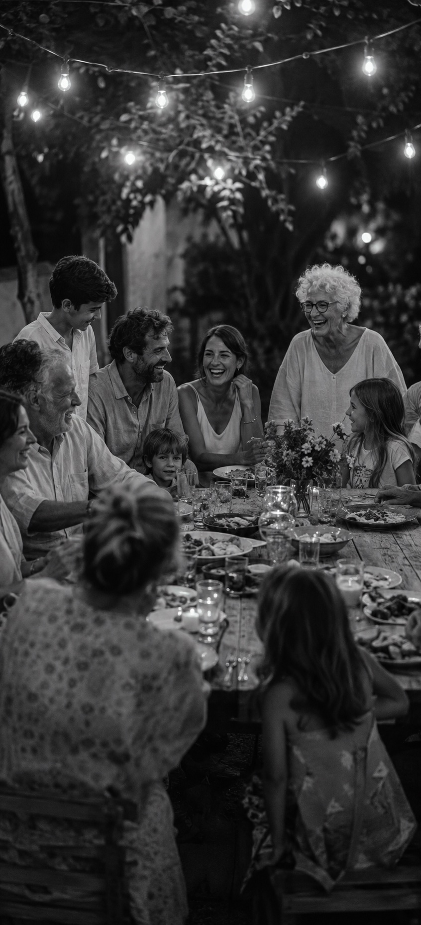 Multi-generational family laughing around an outdoor dinner table under string lights